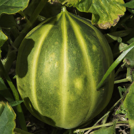 Kalahari melon growing among leaves in a natural setting, showcasing its unique green striped skin.