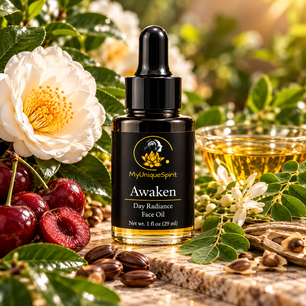 MyUniqueSpirit Awaken Day Radiance Face Oil in a black 1 fl oz dropper bottle with gold lotus branding, surrounded by fresh cherries, white camellia flowers, moringa leaves, botanical seeds, and a glass bowl of golden oil.