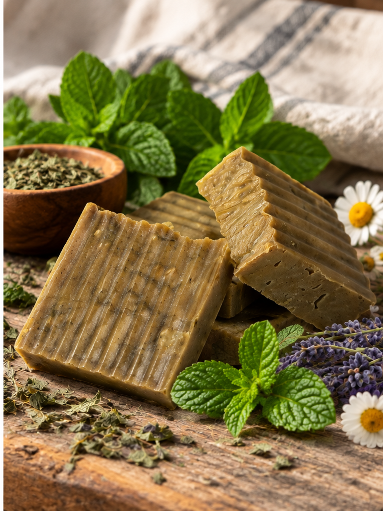 Black Rose by the Sea handmade botanical soap by MyUniqueSpirit, displayed with red roses, dried rose petals, rosehips, hibiscus, and Himalayan pink sea salt.