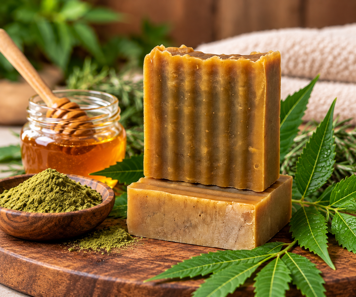 Neem Renewal handmade cleansing bars displayed on a wooden board with fresh neem leaves, a bowl of green botanical powder, raw honey, and soft spa towels.