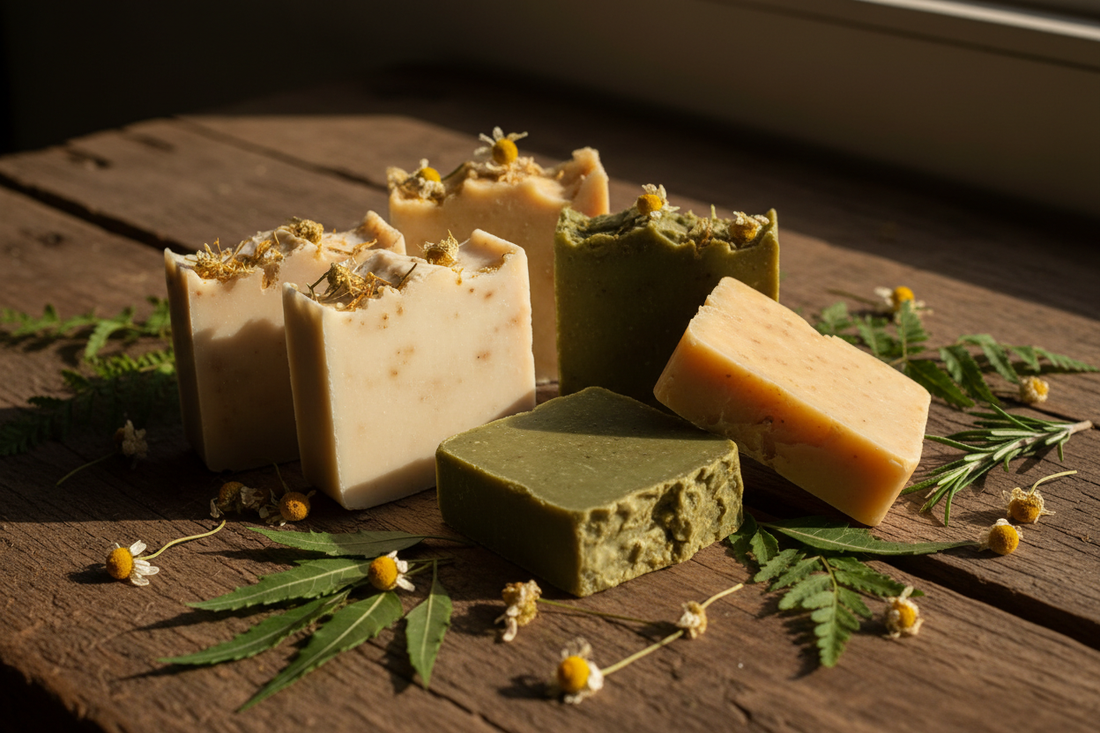 Botanical soap bars on a wooden table with chamomile flowers