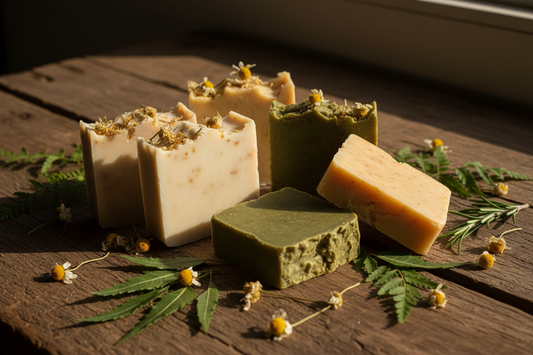 Botanical soap bars on a wooden table with chamomile flowers