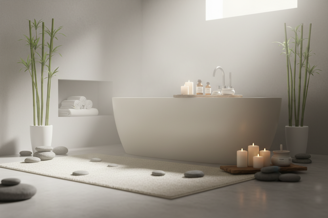White spa room with a soaking bathtub, candles, bamboo, and smooth stones arranged for a calming sanctuary atmosphere.