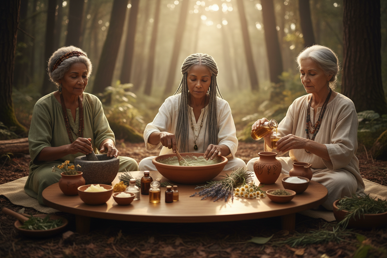 Three women in a forest setting, seated at a table and creating handcrafted self‑care products in community.