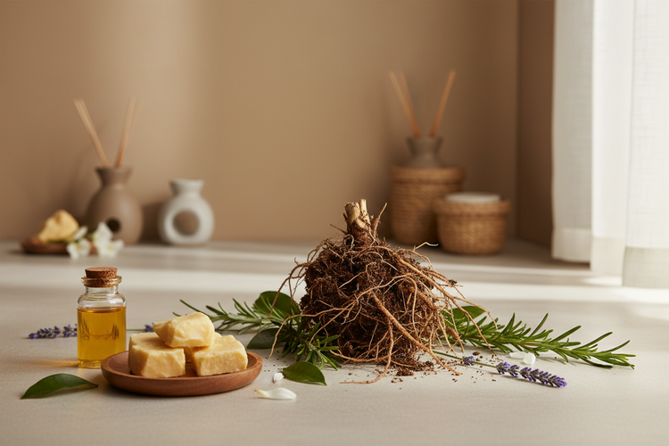 A display of raw butters, infused oil, and grounding roots and herbs on a beige counter with a brown backdrop