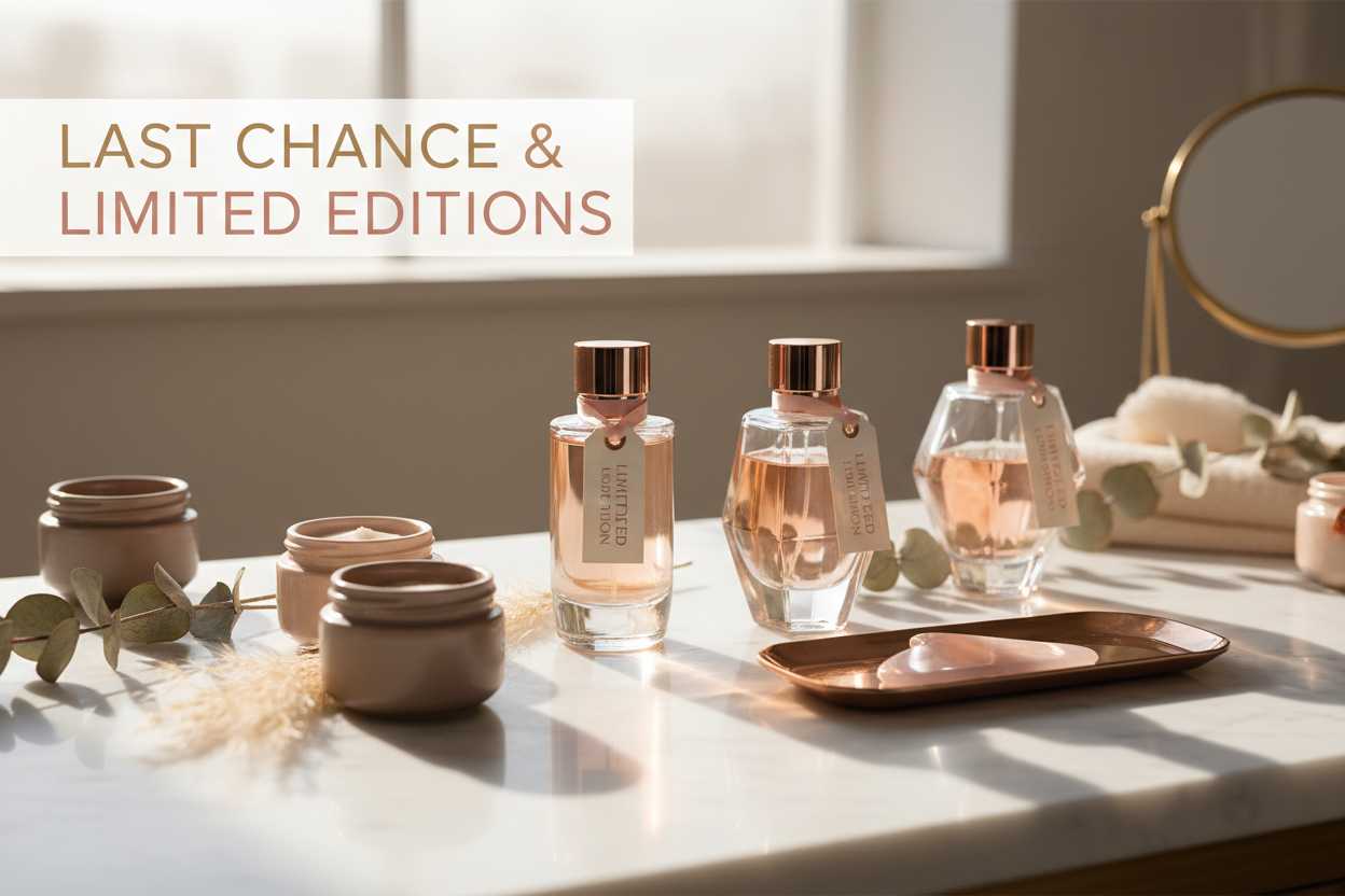 White marble counter in a sunlit room showcasing an open jar and elegant oil bottles, framed by a ‘Last Chance & Limited Editions’ banner.