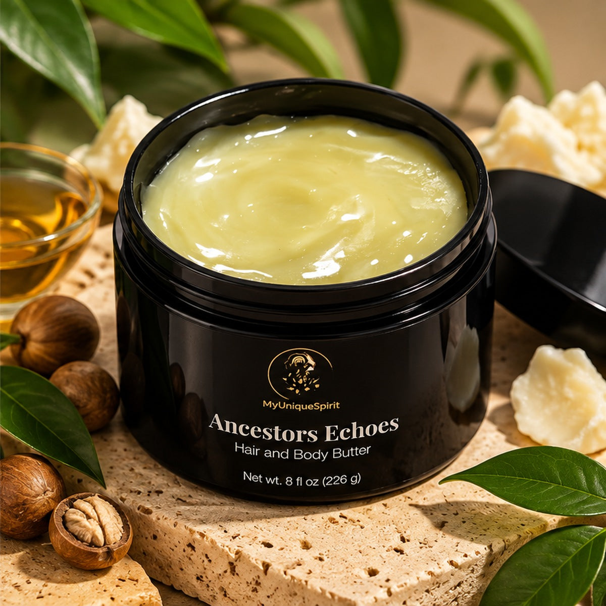 MyUniqueSpirit Ancestors Echoes Hair and Body Butter in an open black jar, showing its rich golden balm texture, surrounded by botanical leaves, nuts, and natural butters.
