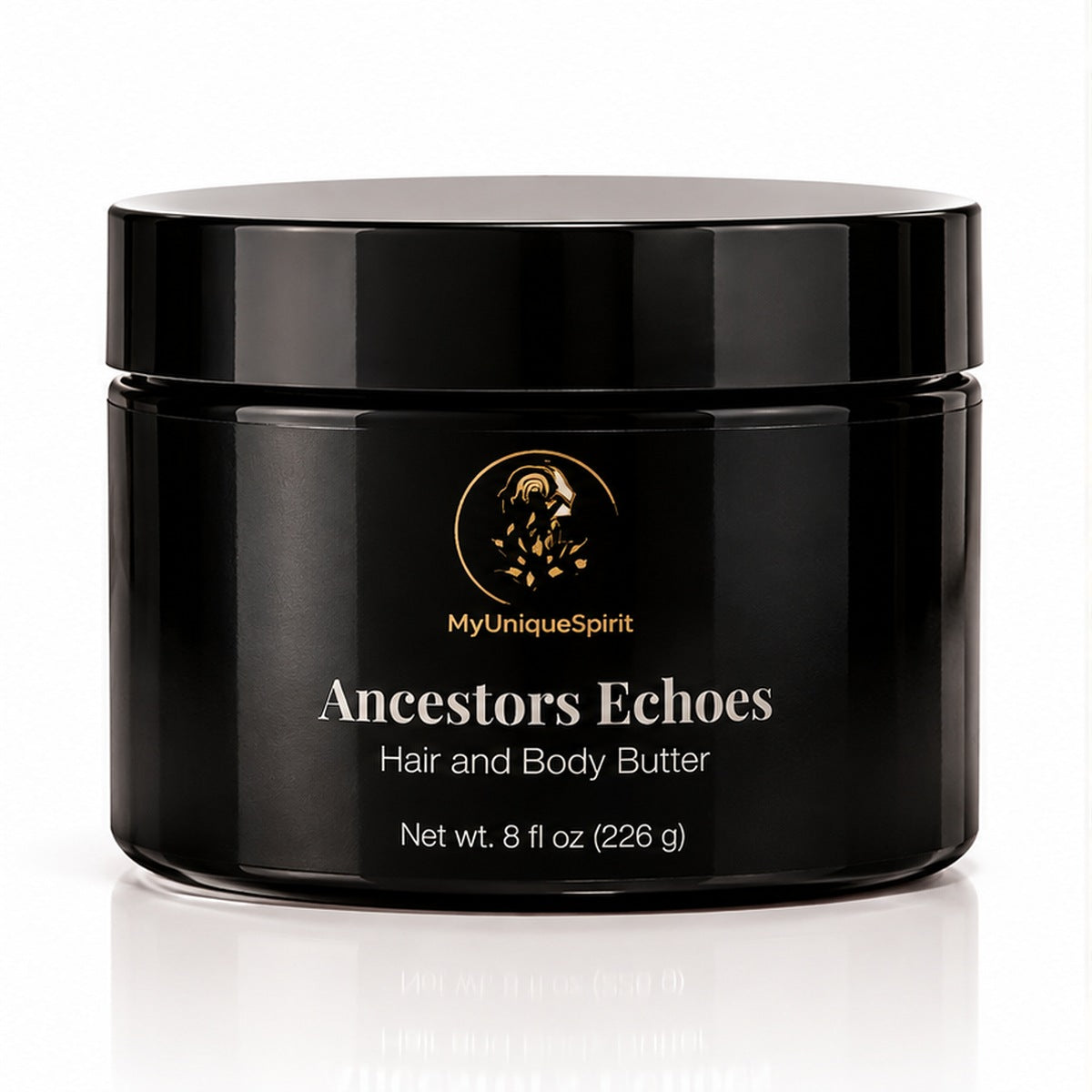 MyUniqueSpirit Ancestors Echoes Hair and Body Butter in an 8 oz black jar with gold branding, photographed against a clean white background.