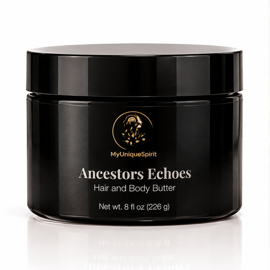 MyUniqueSpirit Ancestors Echoes Hair and Body Butter in an 8 oz black jar with gold branding, photographed against a clean white background.