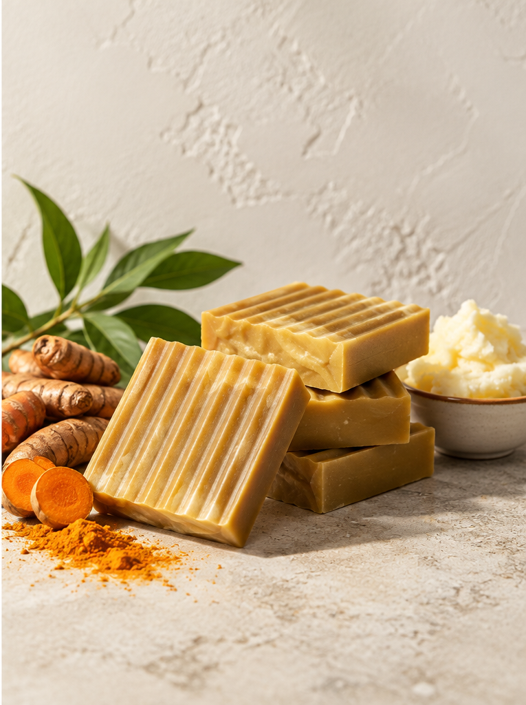 Ancient Silk Road botanical soap by MyUniqueSpirit, displayed with fresh turmeric roots, turmeric powder, and creamy botanical butter on a warm neutral surface.