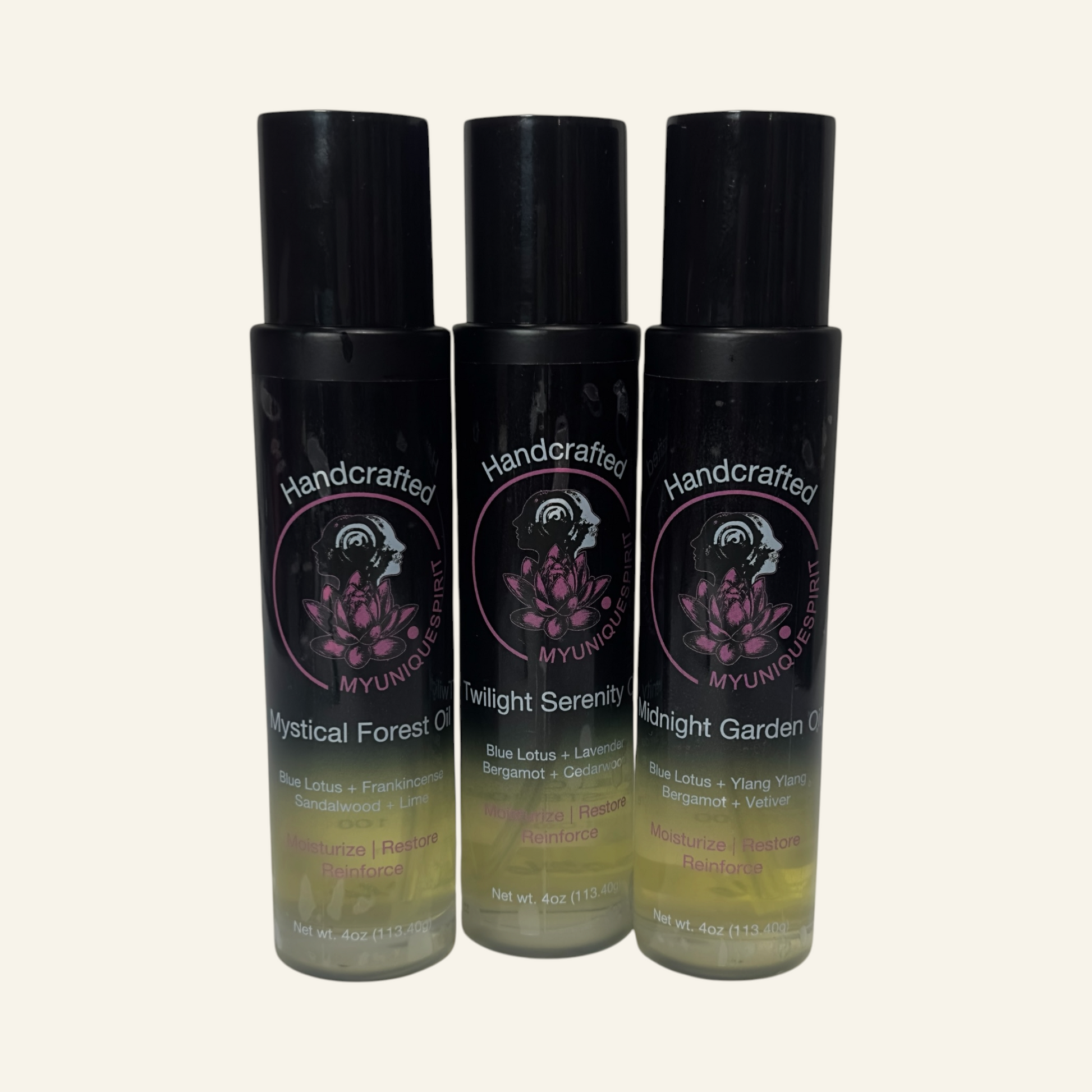 Three bottles of 'Handcrafted Mystical' products on a white background