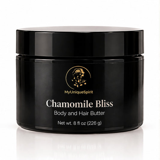 MyUniqueSpirit Chamomile Bliss Body and Hair Butter in a black 8 oz jar with gold lotus branding, displayed on a clean white background with a subtle reflection.