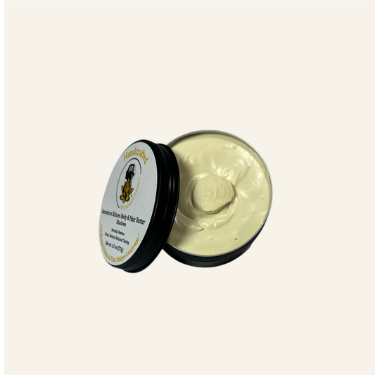 Open container of body butter with visible brand label on a white background