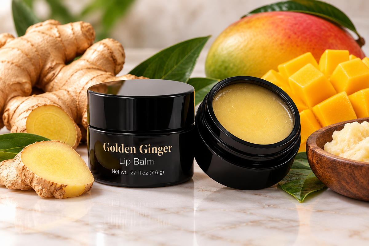 MyUniqueSpirit Golden Ginger Lip Balm in a black jar, with one jar open to reveal the pale yellow balm, surrounded by fresh ginger root, sliced ginger, mango pieces, and green leaves on a marble surface.