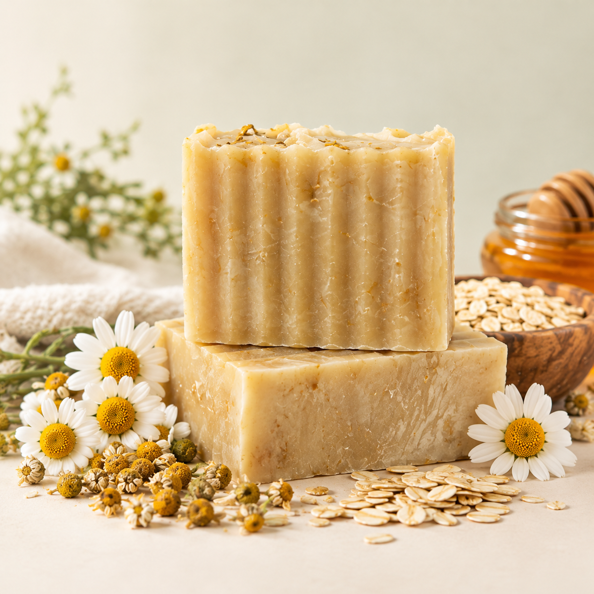 Chamomile Comfort handmade cleansing bars with chamomile flowers, oats, and honey, styled with soft spa towels and natural botanicals.