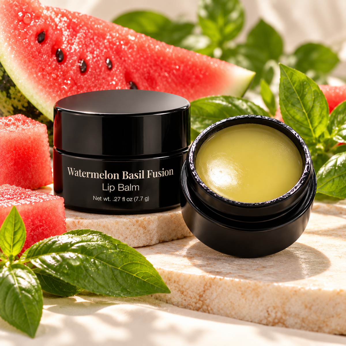 MyUniqueSpirit Watermelon Basil Fusion Lip Balm in a black jar, displayed with fresh watermelon slices and green basil leaves on a clean, light-colored surface.