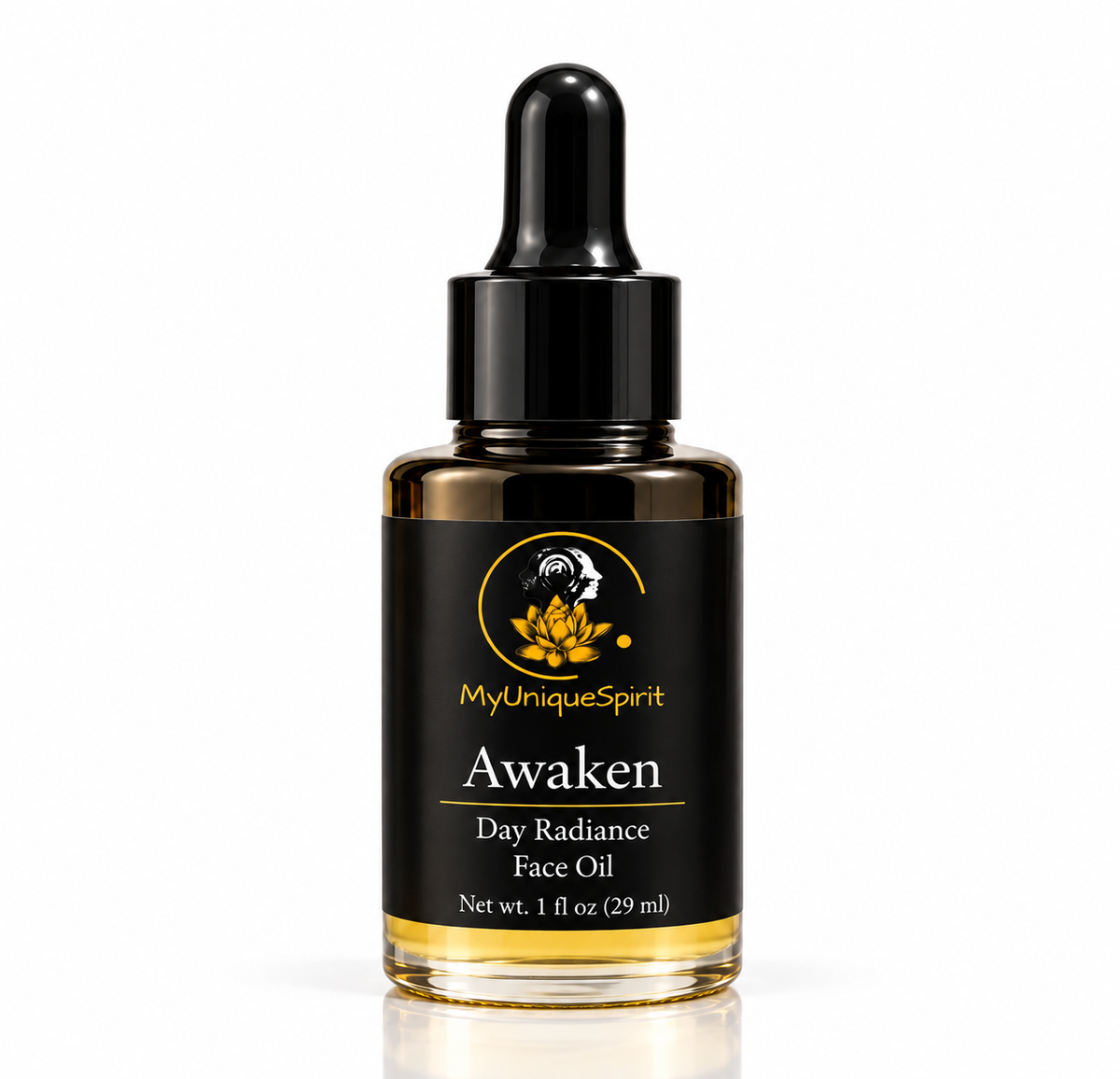 MyUniqueSpirit Awaken Day Radiance Face Oil in a black 1 fl oz dropper bottle with gold lotus branding, photographed against a clean white background with a subtle reflection.