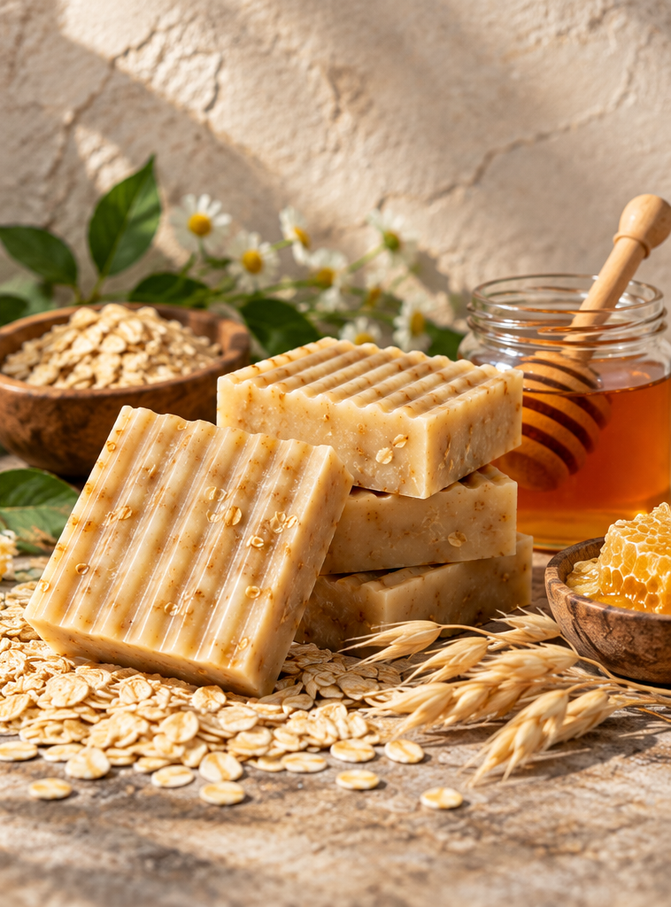 Oatfully Yours handmade soap bars by MyUniqueSpirit displayed with rolled oats, a glass jar of golden honey, honeycomb, and chamomile flowers in a warm botanical setting.