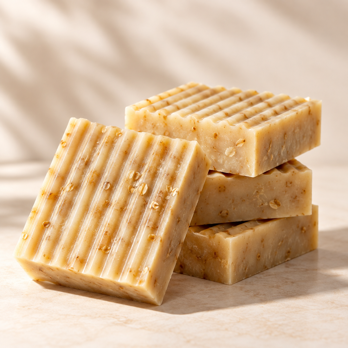 Oatfully Yours handcrafted oatmeal and honey cleansing bars by MyUniqueSpirit, featuring creamy ivory tones, natural oat flecks, and textured ridges on a soft cream background.