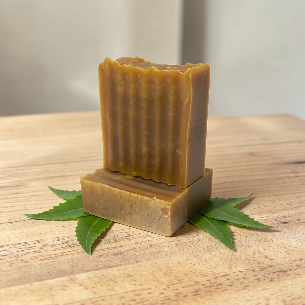 Two bars of brown soap with green leaves on a wooden surface