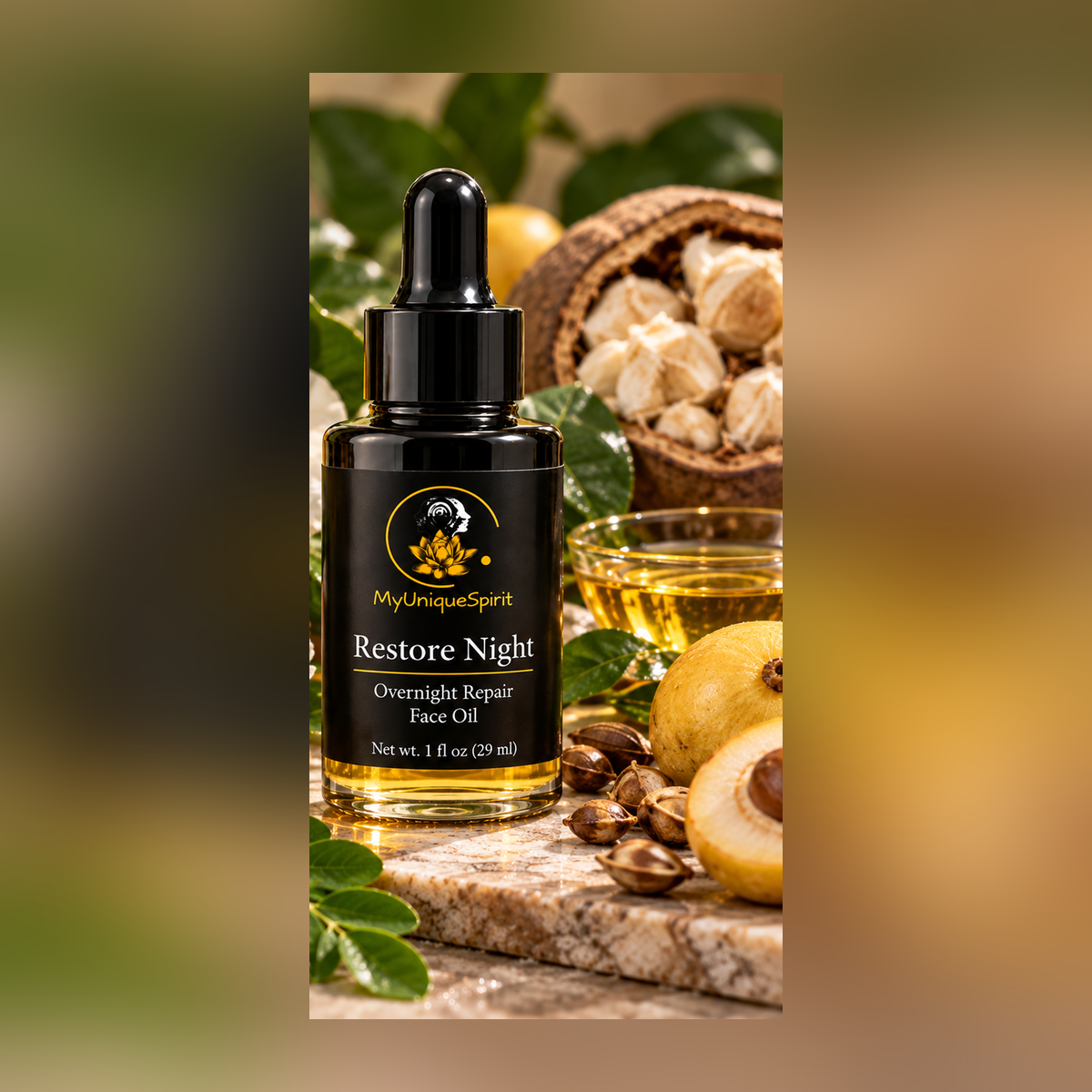 MyUniqueSpirit Restore Night Face Oil in a black dropper bottle surrounded by moringa leaves, camellia flowers, baobab fruit, and marula fruit in a warm botanical setting.