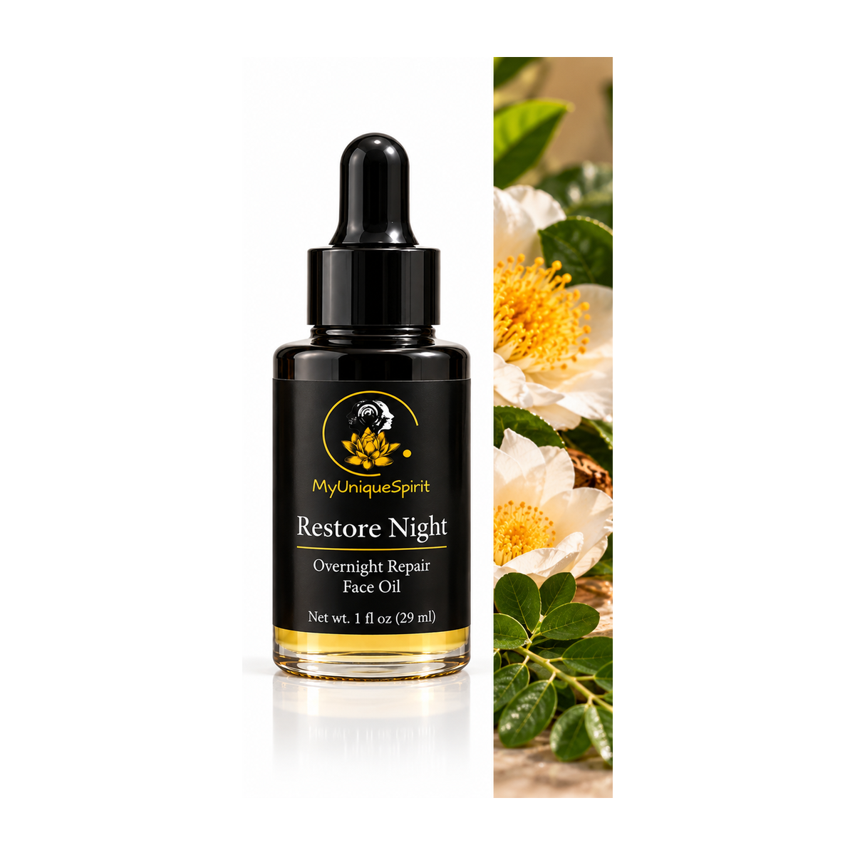 MyUniqueSpirit Restore Night Overnight Repair Face Oil in a black 1 fl oz dropper bottle with gold lotus branding, displayed with a delicate flower in an elegant botanical setting.