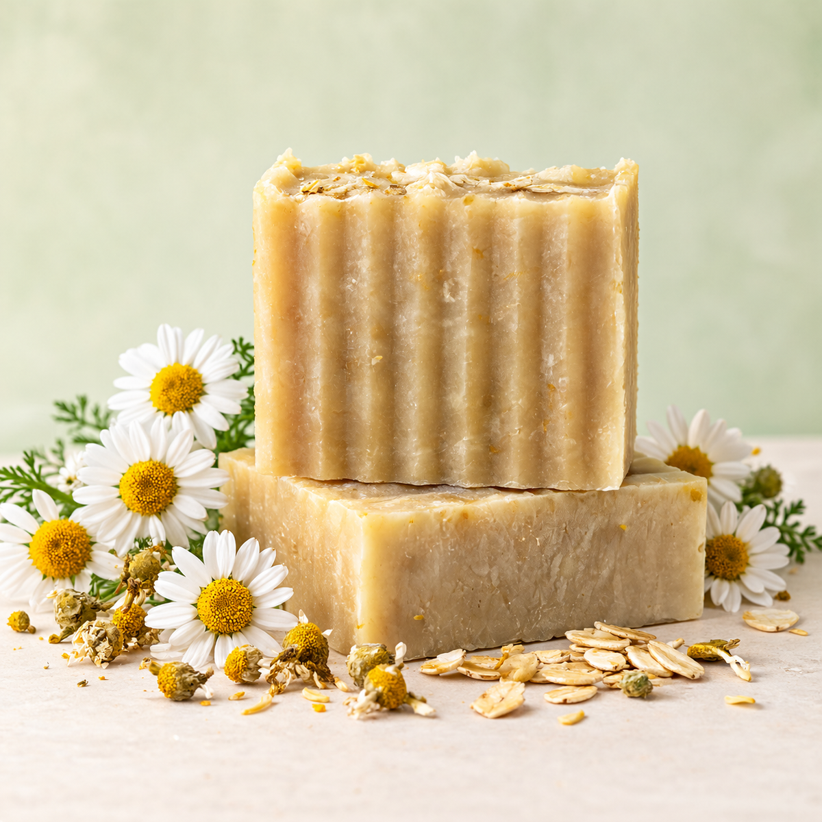 Chamomile Comfort handmade cleansing bars stacked against a soft sage background, surrounded by chamomile flowers and dried botanicals.
