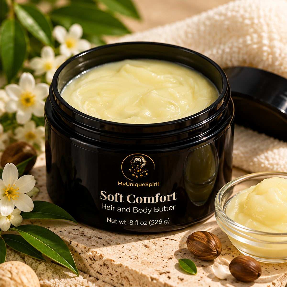 MyUniqueSpirit Soft Comfort Hair and Body Butter in an open black jar showing its rich, creamy balm texture, surrounded by white flowers, green leaves, botanical nuts, and a small glass bowl of butter.