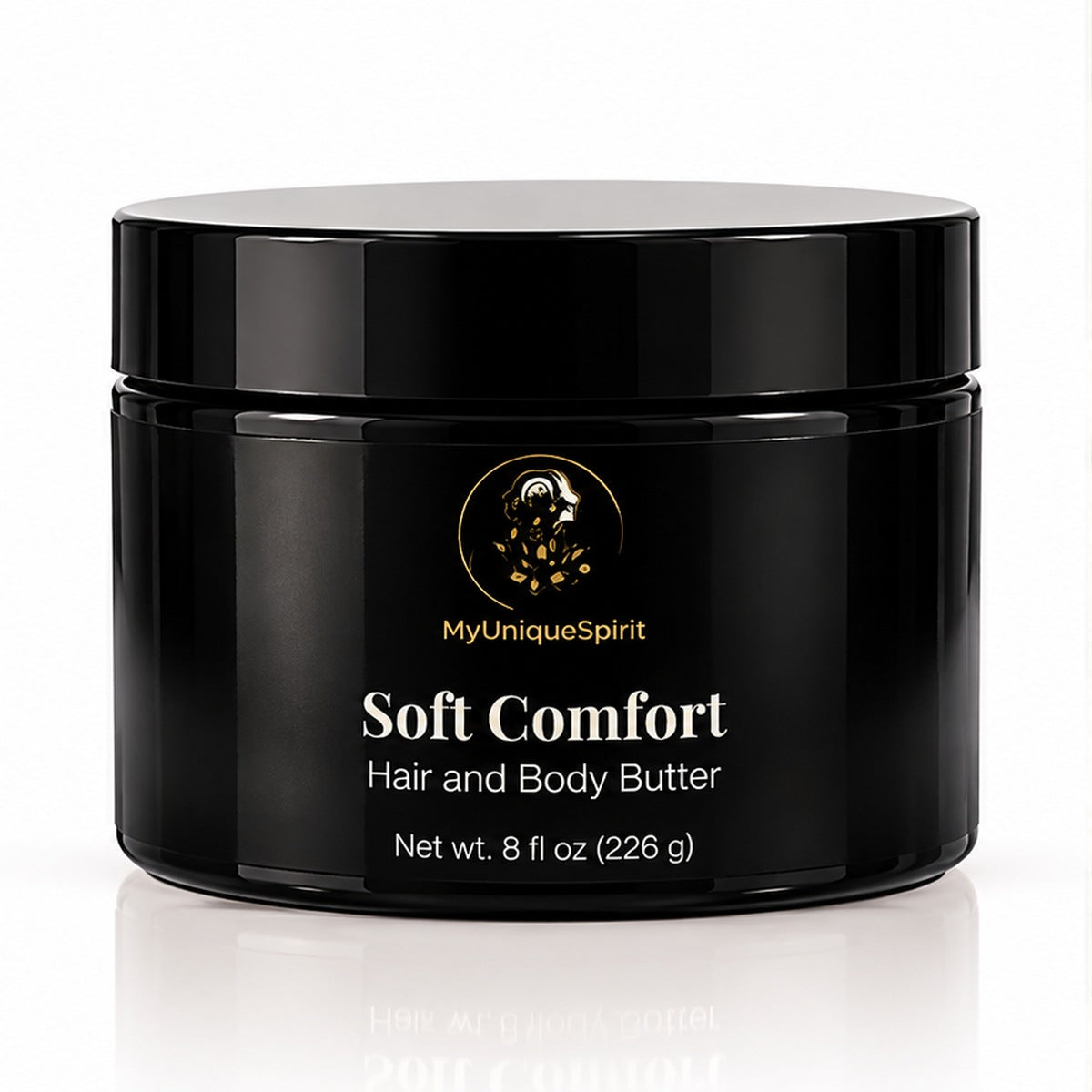 MyUniqueSpirit Soft Comfort Hair and Body Butter in a black 8 oz jar with gold lotus branding, displayed on a clean white background with a subtle reflection.