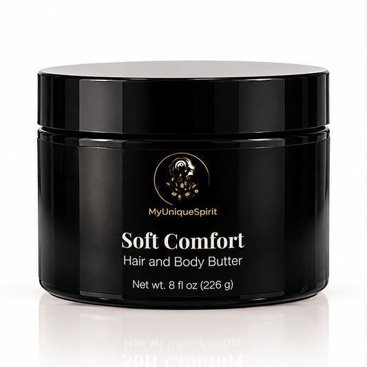 MyUniqueSpirit Soft Comfort Hair and Body Butter in a black 8 oz jar with gold lotus branding, displayed on a clean white background with a subtle reflection.