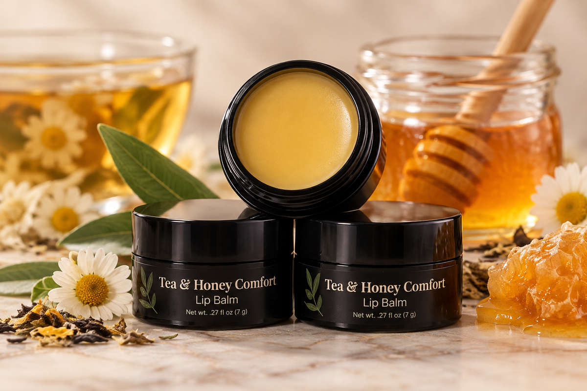 MyUniqueSpirit Tea & Honey Comfort Lip Balm in black jars, one open to reveal golden balm, surrounded by chamomile flowers, loose tea leaves, honeycomb, a honey jar, and herbal tea on a marble surface.