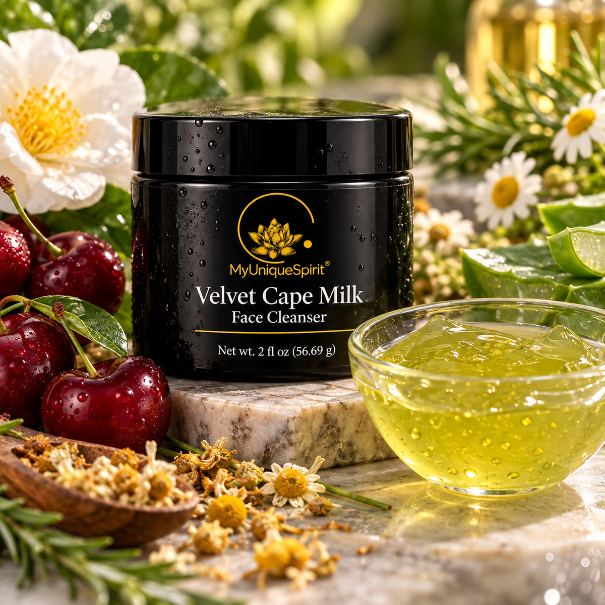 MyUniqueSpirit Velvet Cape Milk Face Cleanser in a black jar beside translucent golden-green cleansing gel, cherries, camellia flowers, and chamomile on natural stone.