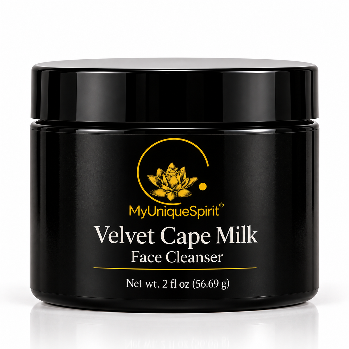 MyUniqueSpirit Velvet Cape Milk Face Cleanser in a black 2 fl oz jar with gold lotus branding, displayed on a clean white background with a subtle reflection.