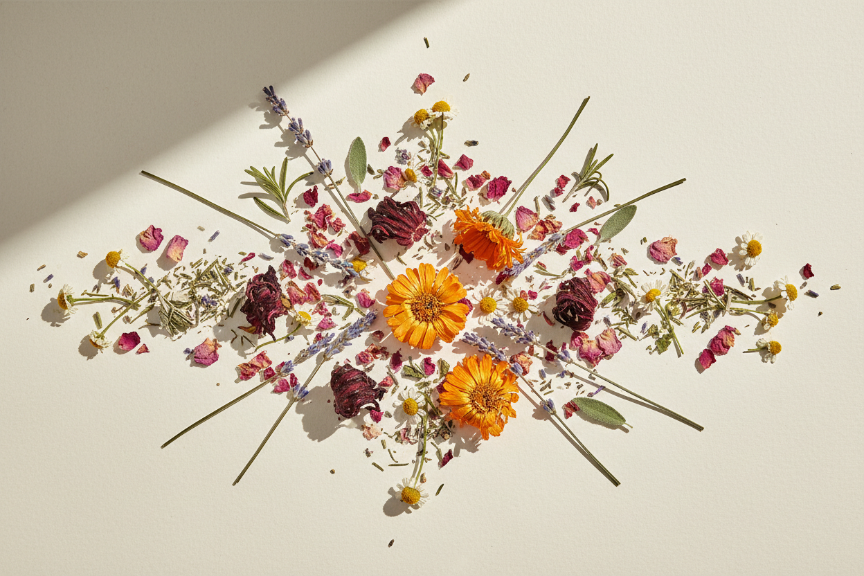 Arrangement of dried flowers and herbs on a beige background